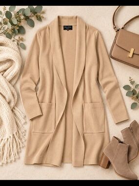 Halifax Shawl-Collar Long Cardigan Sweater — Camel